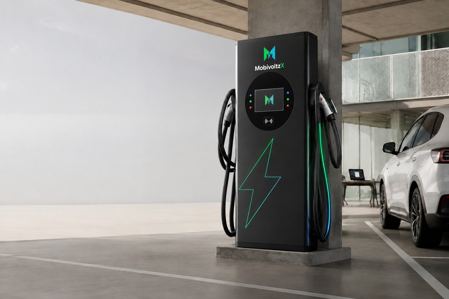 Carregador MobivoltzX com a marca oficial aplicada, instalado ao lado de um veículo elétrico